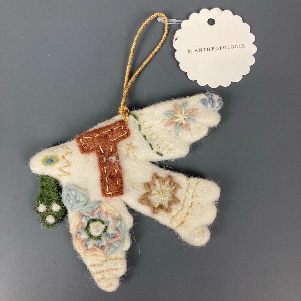 Anthropologie Felt Wool Monogram Letter "T" Christmas Ornament Nepal Embroidery